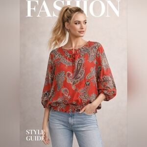 Bohemian COMO sheered paisley print flowy top 3/4 sleeve sz S (8-10)